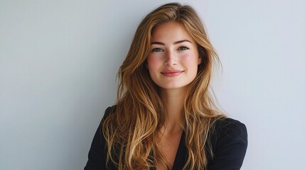Naklejka premium Confident Businesswoman Posing with a Bright Smile in a Professional Setting, Exuding Positivity and Charisma for Corporate or Personal Projects