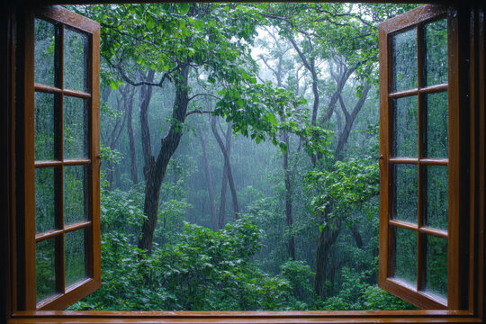 Fototapeta serene view of lush green forest seen through open window during rainstorm, creating peaceful and refreshing atmosphere. rain enhances vibrant colors of foliage