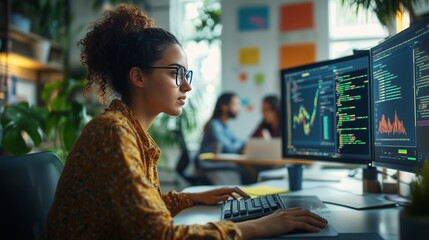 A programmer types at a modern desk in a lively office, surrounded by monitors, plants, and creativity.