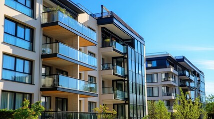 Modern Apartment Buildings with Balconies and Blue Sky