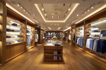 well-lit, elegant clothing store with organized shelves, wooden floors, and neatly displayed apparel