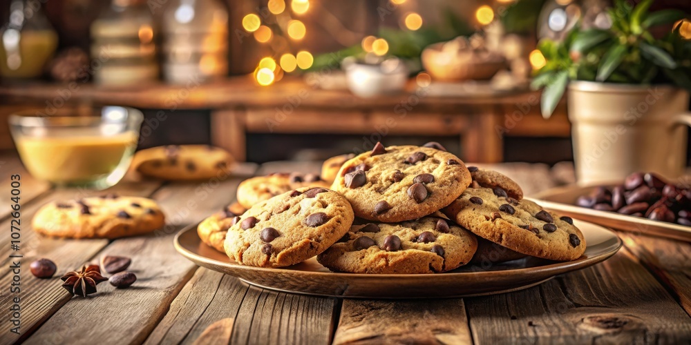 Aufkleber A Stack of Chocolate Chip Cookies on a Plate with a Rustic Wooden Background and Bokeh Lights