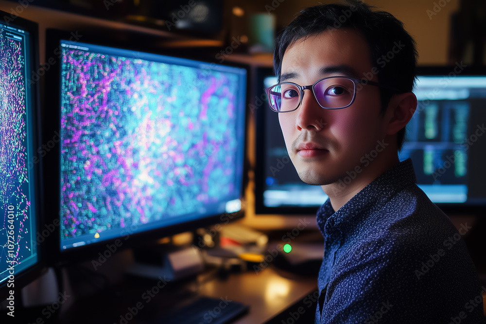 Poster a focused individual examines intricate data visualizations on several monitors during nighttime hou
