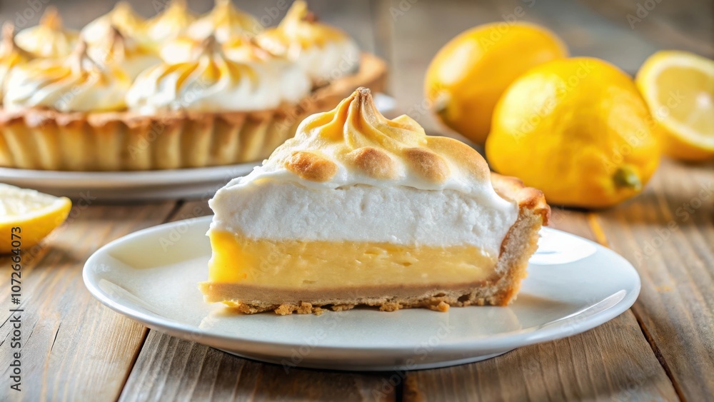 Poster A slice of lemon meringue pie with a flaky crust and a fluffy meringue topping, served on a white plate, next to whole lemons on a wooden table.