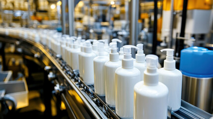 Modern factory assembly line producing hygiene products with white bottles lined up for packaging. efficient process showcases advanced manufacturing technology