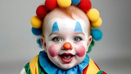 Cute baby clown with red nose.