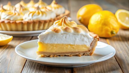 A slice of lemon meringue pie with a flaky crust and a fluffy meringue topping, served on a white plate, next to whole lemons on a wooden table.