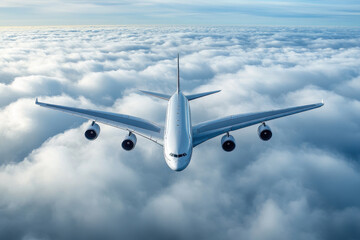 Obraz premium plane in front view soaring above fluffy clouds, showcasing its sleek design and powerful engines. serene sky adds to sense of freedom and adventure