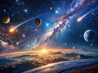 Fototapeta premium Captivating Double Exposure of Outer Space with Stars, Comets, and Satellites in a Hyperrealistic Style for Stunning Cosmic Visuals