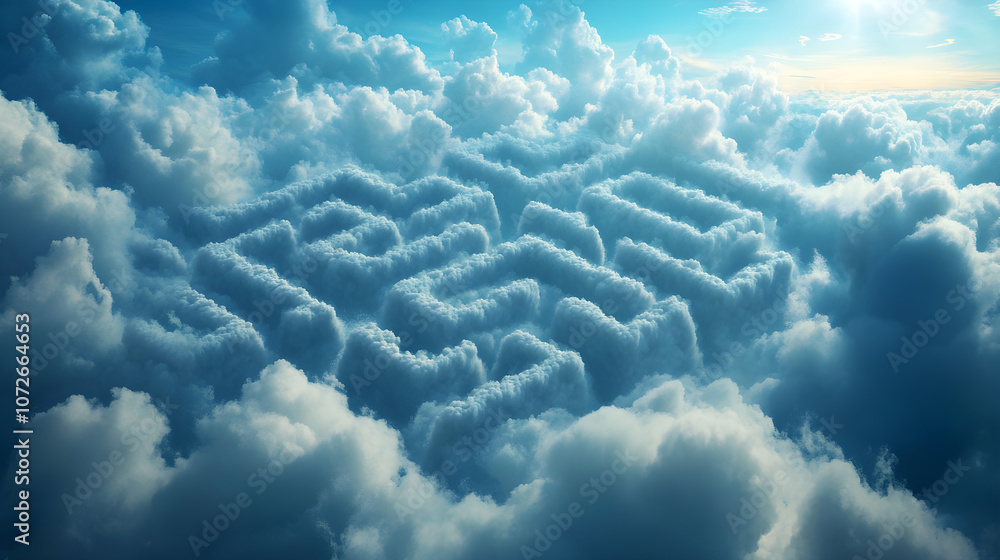 Poster a maze made of clouds, with paths twisting and turning in the sky