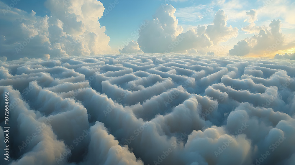Poster a maze made of clouds, with paths twisting and turning in the sky
