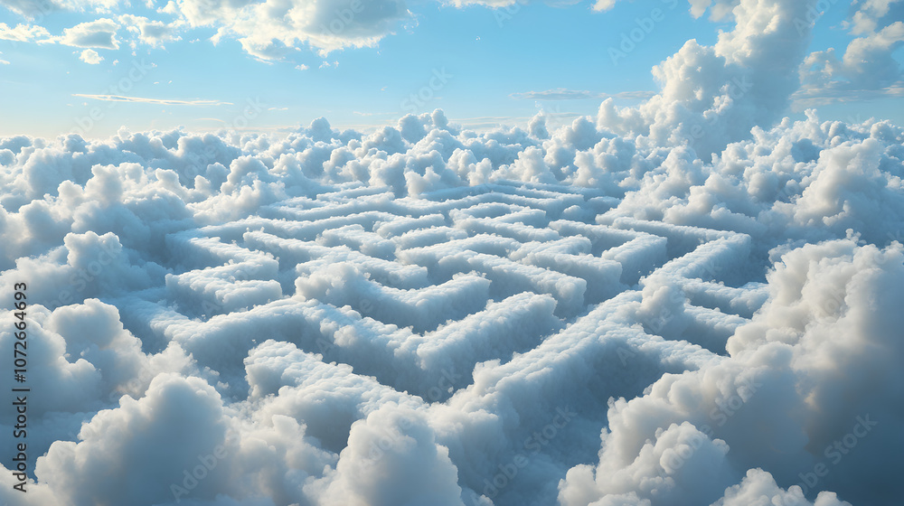 Poster a maze made of clouds, with paths twisting and turning in the sky