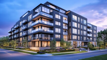Modern apartment building with vibrant sunset backdrop