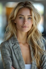 Fototapeta premium Professional portrait of a captivating 30yearold businesswoman with flowing blonde hair, exuding confidence and poise in a stylish blazer, illuminated by natural light