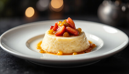Panna cotta with fresh fruit compote on white plate