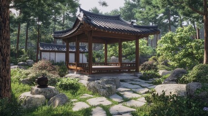 Fototapeta premium Serene Traditional Garden Pavilion in Natural Surroundings