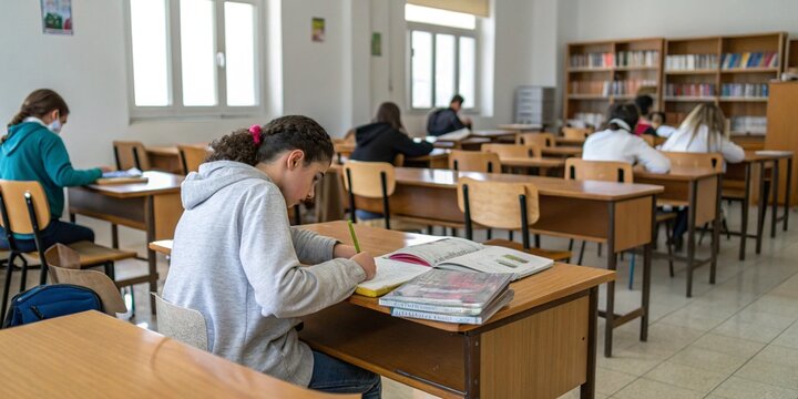 Aula moderna con escritorios y sillas de madera, con un estudiante estudiando lecciones en un ambiente de educaci&oacute;n secundaria. 