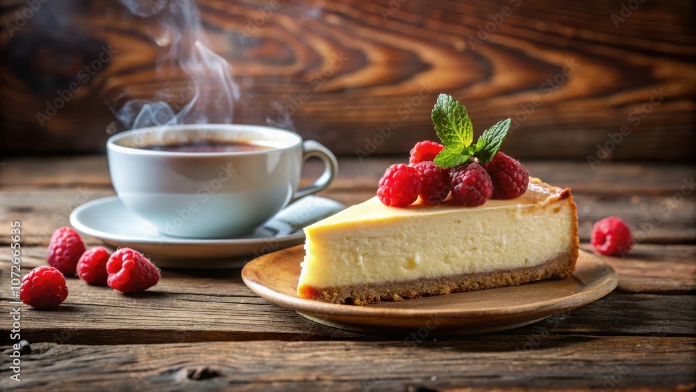 Poster a slice of cheesecake topped with fresh raspberries and a sprig of mint, served alongside a steaming