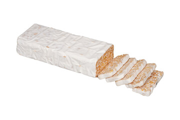 A block of raw tempeh and some slices raw tempeh isolated transparent