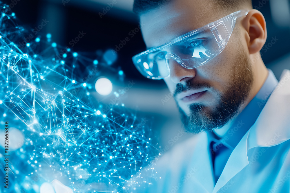 Poster a focused scientist studies digital data representations in a contemporary laboratory filled with in