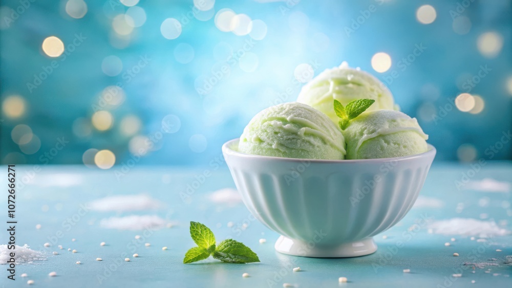 Aufkleber a bowl of freshly scooped green ice cream on a blue table with mint garnish and a sparkling backgrou