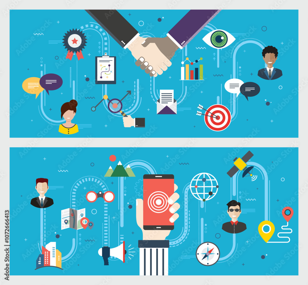 Aufkleber vector graphic illustration of icon set with concepts of business collaboration and gps location tra