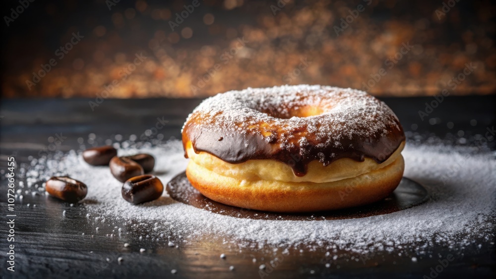 Poster a chocolate-covered donut with powdered sugar and a dusting of powdered sugar on a dark wooden table