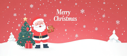 Merry Christmas with Santa Claus holding present beside decorated tree in snowy landscape. cheerful scene captures festive spirit of holiday season