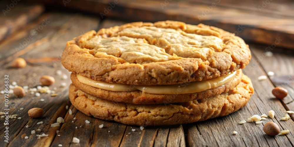 Poster double-stacked peanut butter cookies with a creamy filling and scattered nuts on a rustic wooden sur