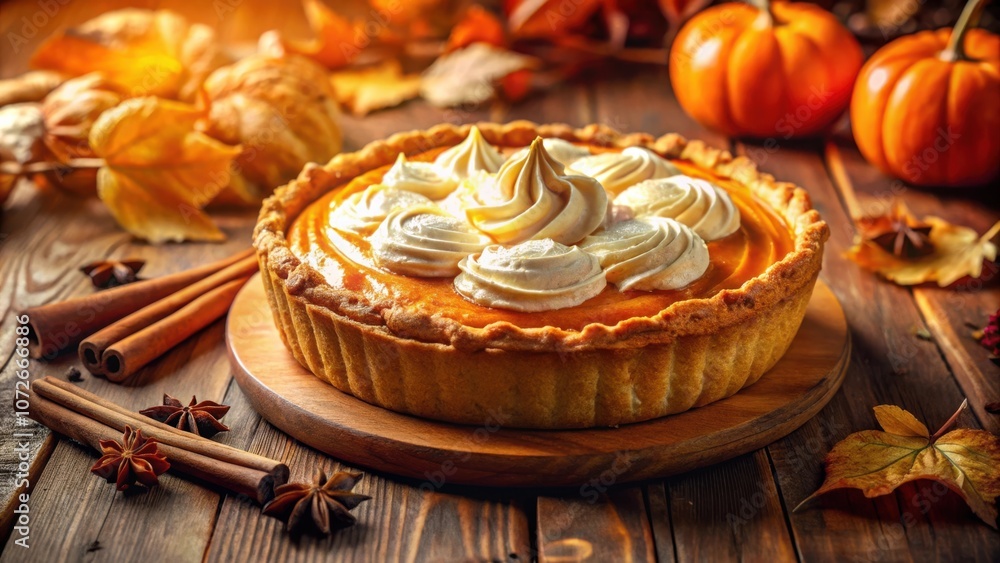 Poster homemade pumpkin pie topped with whipped cream and surrounded by fall leaves and cinnamon sticks on 