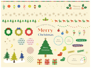 クリスマス手描きアイコンセットA クリスマスツリーやリーズのあしらいイラスト