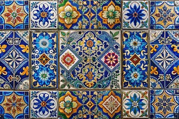 Captivating Indigo Blue Madrid Paint Tile Floor Design: A Colorful Collection of Ornate Spanish Ceramic Tilework and Vintage Illustrations in an Intricate Brocade Pattern Background