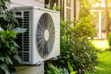 Air conditioning unit mounted on wall, surrounded by lush green foliage, providing cooling for residential space. sunlight filters through leaves, creating serene atmosphere