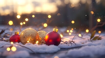 Fototapeta premium Christmas Ornaments in Snowy Landscape