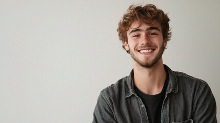 Obraz premium Cheerful Young Man with Broad Smile Posing Against Minimalist Background, Perfect for Lifestyle, Portrait, or Personal Branding Projects