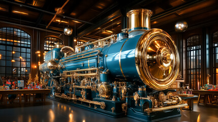 A beautifully crafted steam locomotive model sits in a workshop, surrounded by festive decorations and warm lighting