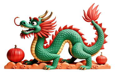 Fototapeta premium Green Chinese dragon with red horns, tail. Dragon standing on orange clouds, looking left. Two red round ornaments with golden decorations next to. 3D rendering. Mascot illustration for Chinese New