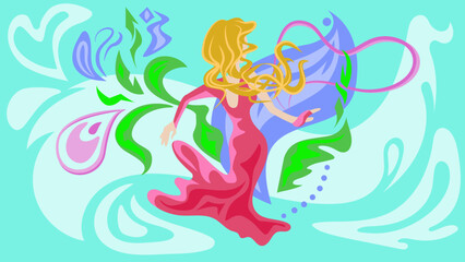 A girl in a pink ball gown dances among flowers, leaves and feathers. Abstract background in the form of figures and a female silhouette. Poster for sports dancing, competitions, dance schools.