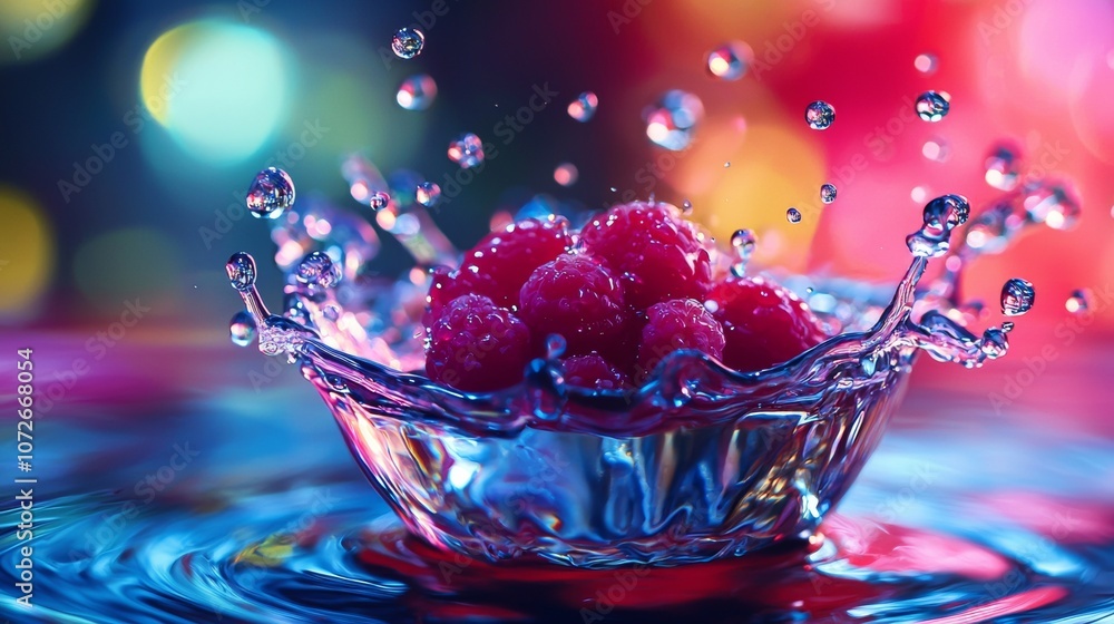 Poster fresh raspberries splashing into water with colorful bokeh