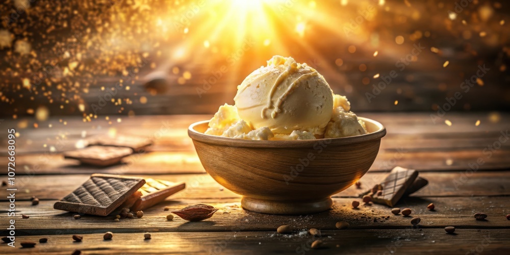 Aufkleber a bowl of creamy vanilla ice cream with sprinkles of chocolate on a rustic wooden table