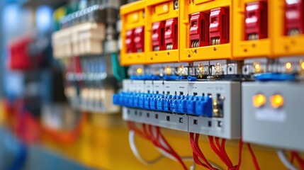 Electrical technologies are showcased in this image, featuring close up of control panel with various switches and circuit breakers. vibrant colors and intricate wiring highlight complexity of modern