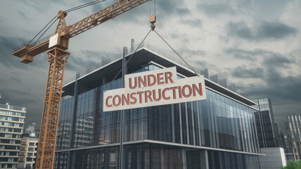 Obraz premium A large modern building under construction featuring a visible crane and an 'Under Construction' sign against a cloudy sky.