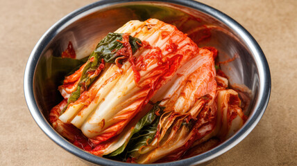 A bowl of food with a lot of red sauce and green leaves. The bowl is silver and the food is piled high