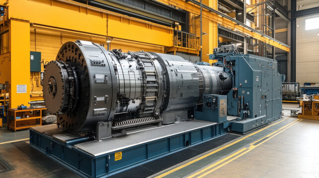 large electromechanical turbine generator in industrial setting, showcasing advanced engineering and technology. machine is prominently displayed in well lit factory environment