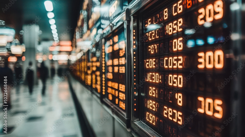 Poster digital display board showing stock prices in busy environment