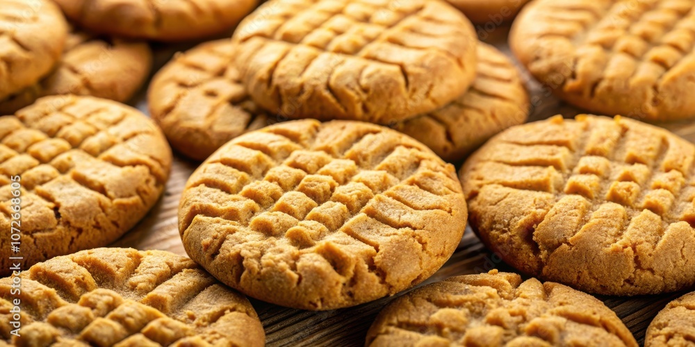 Poster A Close-Up View of a Collection of Golden Brown Peanut Butter Cookies, Each with a Distinctive Criss-Cross Pattern on Top, Arranged on a Rustic Wooden Surface