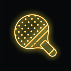 Glowing neon line ping pong paddle icon isolated on black background. Vector illustration