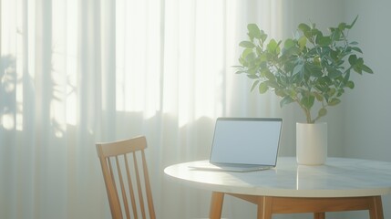 Fototapeta premium Bright and airy home office scene with a wooden table and laptop, lit by sunlight filtering through curtains. Great for work-from-home lifestyle visuals.