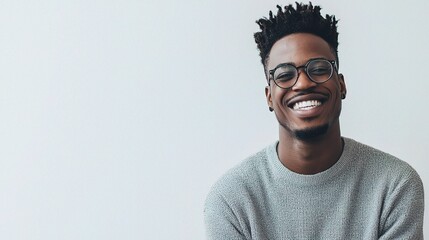 Obraz premium Smiling Young Tech Worker Posing Confidently Against a Light Background with a Friendly Expression and Stylish Glasses for Professional Use