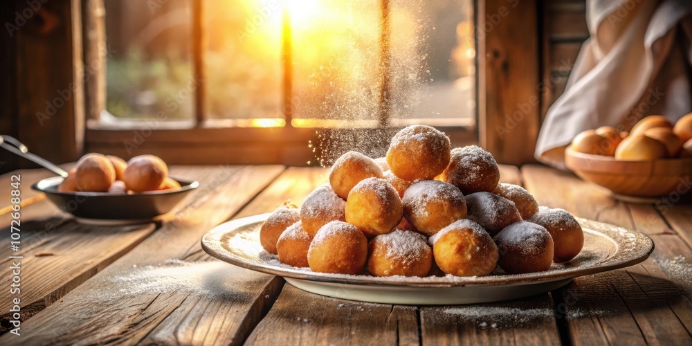 Poster a plate of sweet, golden pastries covered in powdered sugar with a dusting of powder falling from ab